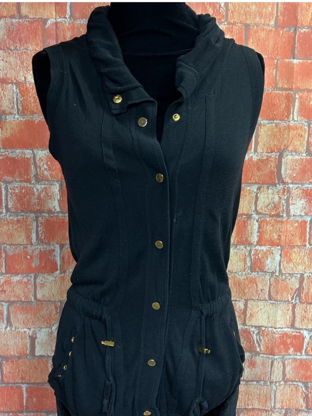 Caché Black Snap Front Knit‎ Utility Vest with Drawstring Waist